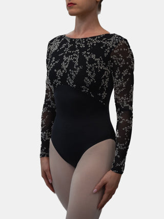 Black Flock Long Sleeve Dance Leotard for Women by Atelier della Danza MP