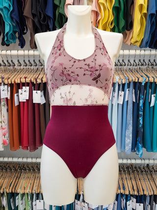 Burgundy Floral Mesh Dance Halter Leotard for Women by Atelier della Danza MP