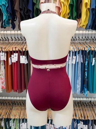 Burgundy Floral Mesh Dance Halter Leotard for Women by Atelier della Danza MP