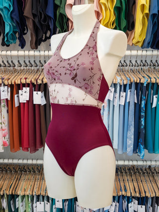 Burgundy Floral Mesh Dance Halter Leotard for Women by Atelier della Danza MP
