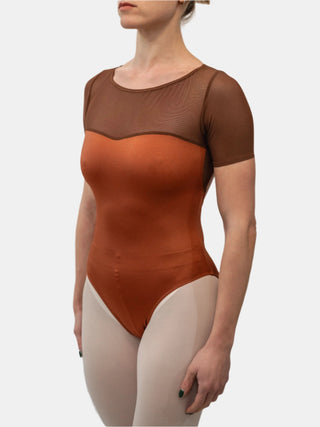 Rust Dance Short Sleeve Leotard for Women with Mesh by Atelier della Danza MP