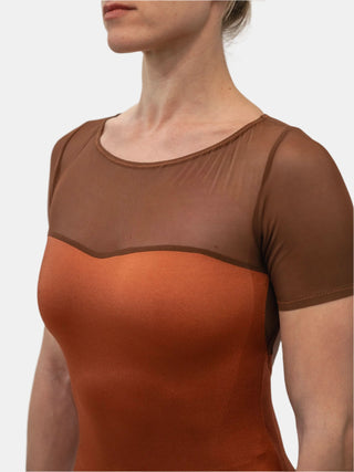 Rust Dance Short Sleeve Leotard for Women with Mesh by Atelier della Danza MP